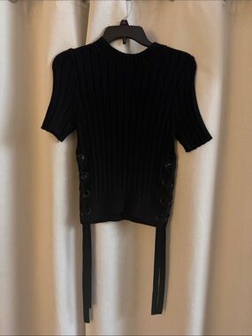 Express Black Ribbed Short Sleeve Lace-Up Side Knit Top